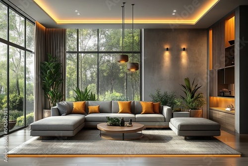 Modern living room with large gray sectional sofa accented by orange pillows, round wooden coffee table, indoor plants, floor-to-ceiling windows showcasing lush greenery outside, soft warm lighting