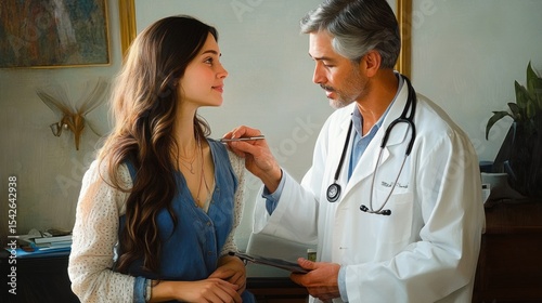A mature male doctor with gray hair and a white coat attentively examining a young woman with long brown hair in a cozy office setting