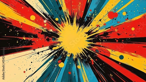 Abstract explosion of bright colors with dynamic rays and splatters radiating from a central yellow burst creating energetic and vibrant visual impact