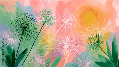 Colorful dandelion flowers blowing in the wind at sunset