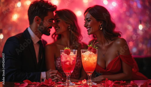 Romantic Couple and Friend Enjoying Cocktails in a Red Lit Nightclub