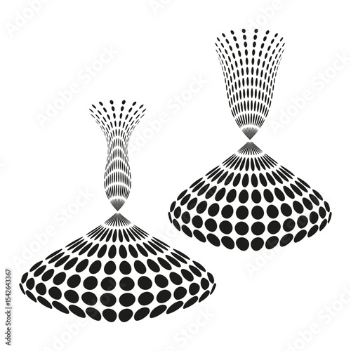 Dual vortex shape. Dot structure illusion. Funnel vector object. Abstract black form.