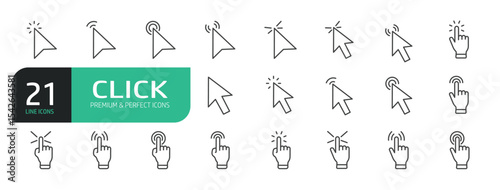 Set of Line Icons Related to Click, Cursor, Computer Pointer, Hover, Hand, Arrow Pointer, Computer Mouse Click Cursor.