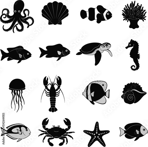 Marine Silhouette Icon Set in Grid Layout Featuring Sea Creatures and Shells in Minimalist Black Vector Style
