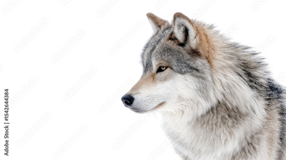 Fototapeta premium A close-up portrait of a majestic wolf showcasing its thick fur and piercing gaze against a pristine white snowy background. capturing the essence of wildlife in its natural habitat