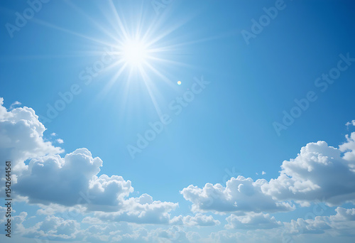 Blue Sky with Sunshine and Clouds Transparent . Realistic Daytime Sky Overlay for Digital Designs. Bright Sun Flare and White Clouds Background. High-Quality Nature Scene Isolated . Perfect Summer