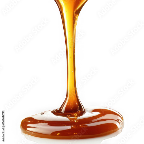 A viscous stream of caramel pouring down against a white background image
