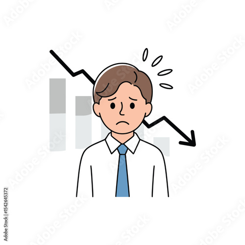 Sad man in shirt and tie with falling graph in background showing financial loss and downturn trend