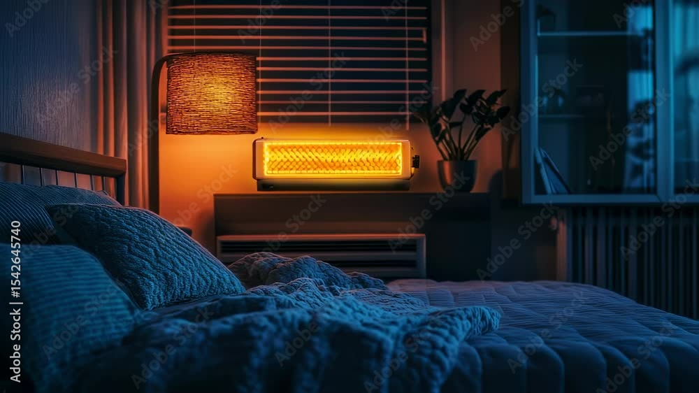 Cozy bedroom setup featuring warm lighting and cool blue tones creating a tranquil atmosphere