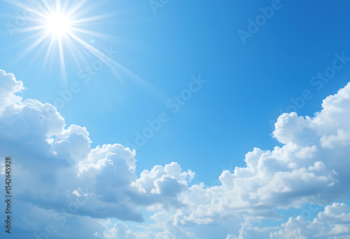 Blue Sky with Sunshine and Clouds Transparent . Realistic Daytime Sky Overlay for Digital Designs. Bright Sun Flare and White Clouds Background. High-Quality Nature Scene Isolated . Perfect Summer