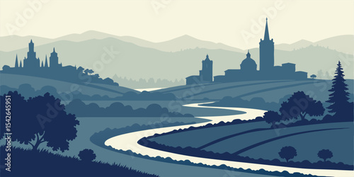 Santa Rosa silhouette skyline featuring wine country hills, Russian River elements, and civic buildings