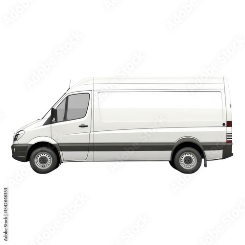 Side view of a white delivery van with black trim against a white background