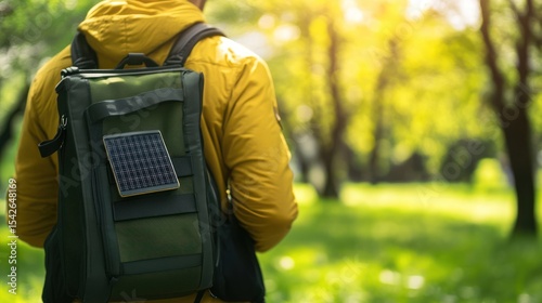 Person carrying a backpack with a solar panel attached.