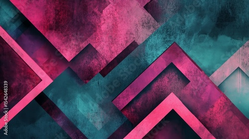 Digital art piece composed of bold geometric shapes in pink purple and teal arranged in a way that emphasizes visual depth The grainy background and strong contrasts between the shapes