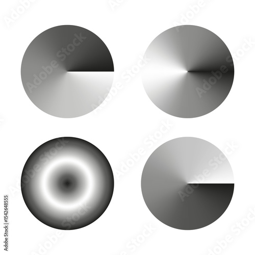 Metallic circle icon. Gradient radial shape. Black white spinner. Vector glossy disc.