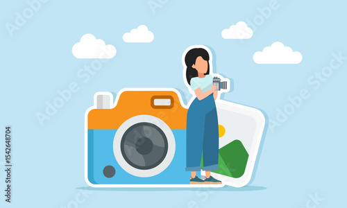 Female photographer holding a camera standing between a camera and a photo album illustration of content creator personal branding or beauty vlogger