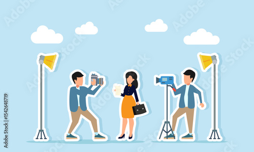 Two photographers operate their cameras during a professional photo session with a woman posing as a businesswoman illustration of shooting for news or personal branding content