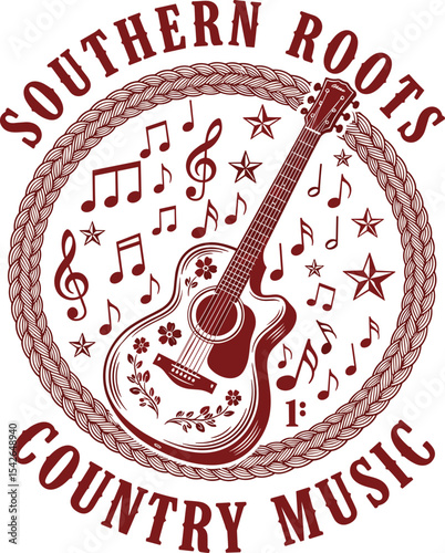 Cowgirl music graphic print design, western country music festival artwork, retro vintage rose design for t shirt, sticker, cowboy song.