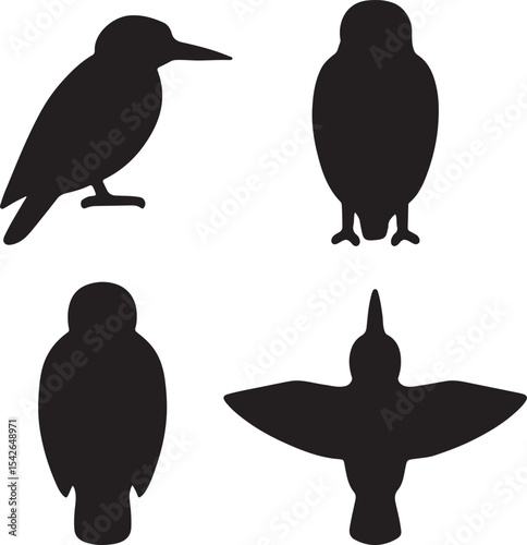 kingfisher bird silhouette icons set side, front, back, and top views vector art illustration