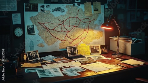 Dimly lit detective desk with scattered papers, old photographs, map of France marked with red string, desk lamp casting warm light in dark room