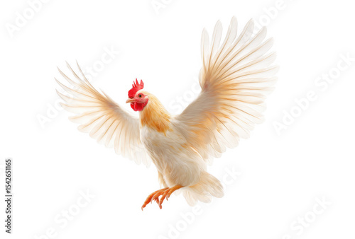 A majestic white chicken with golden feathers soaring gracefully against a bright white background. capturing the essence of freedom and vitality in a serene moment