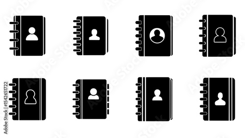 Set of black contact book icons with user profile symbols, spiral-bound address book illustrations on white background
