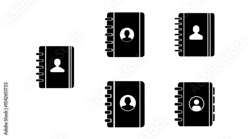 Set of black contact book icons with user profile symbols, spiral-bound address book illustrations on white background
