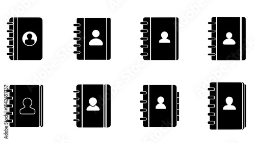 Set of black contact book icons with user profile symbols, spiral-bound address book illustrations on white background
