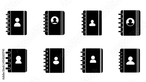 Set of black contact book icons with user profile symbols, spiral-bound address book illustrations on white background
