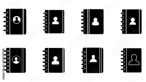 Set of black contact book icons with user profile symbols, spiral-bound address book illustrations on white background
