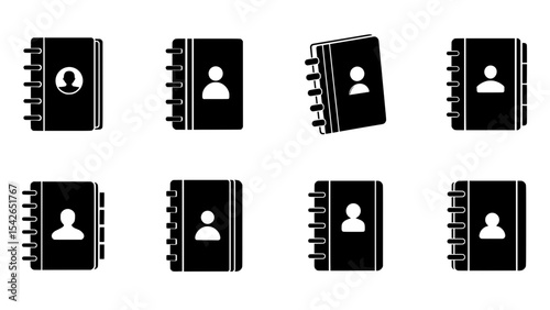 Set of black contact book icons with user profile symbols, spiral-bound address book illustrations on white background
