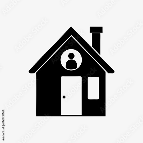 Black house icon with person symbol inside representing stay at home or quarantine concept
