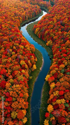 Vibrant Autumn Landscape with Colorful Trees and Serpentine River in Overhead View