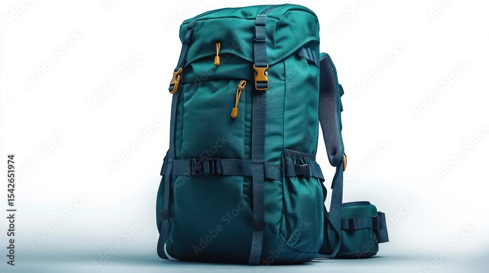 large teal hiking backpack with multiple compartments and straps designed for outdoor adventures against a white background large teal hiking backpack with multiple compartments and straps designed for outdoor adventures against a white background