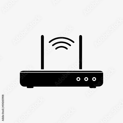 Black wireless Wi-Fi router icon with signal symbol and dual antennas on white background
