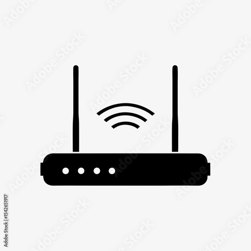 Black wireless Wi-Fi router icon with signal symbol and dual antennas on white background
