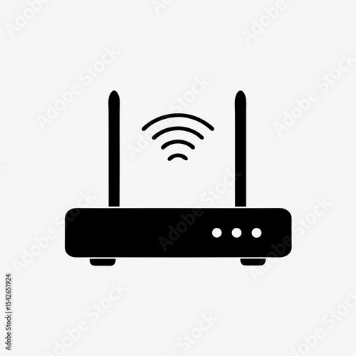 Black wireless Wi-Fi router icon with signal symbol and dual antennas on white background
