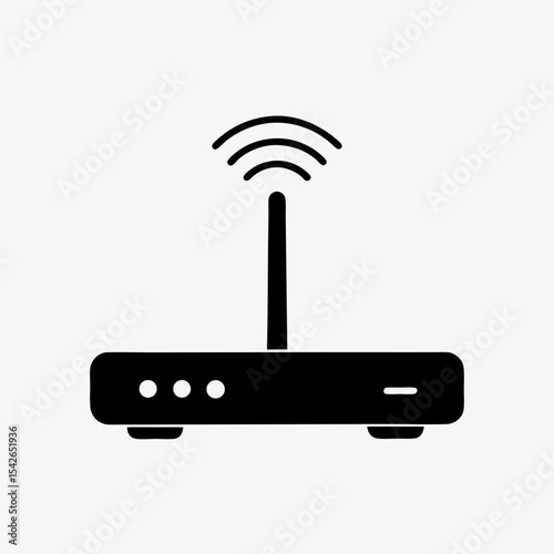 Black wireless Wi-Fi router icon with signal symbol and dual antennas on white background
