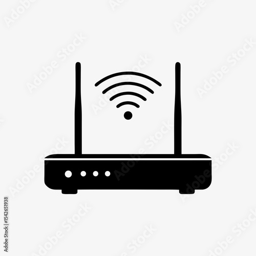 Black wireless Wi-Fi router icon with signal symbol and dual antennas on white background
