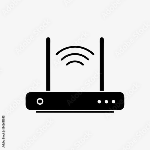 Black wireless Wi-Fi router icon with signal symbol and dual antennas on white background
