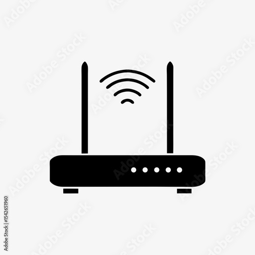 Black wireless Wi-Fi router icon with signal symbol and dual antennas on white background
