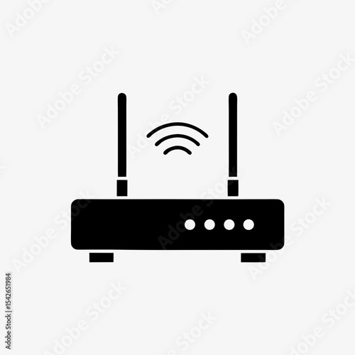 Black wireless Wi-Fi router icon with signal symbol and dual antennas on white background
