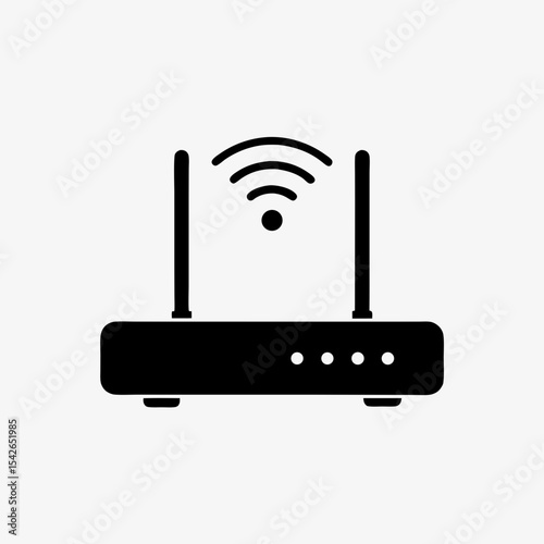 Black wireless Wi-Fi router icon with signal symbol and dual antennas on white background
