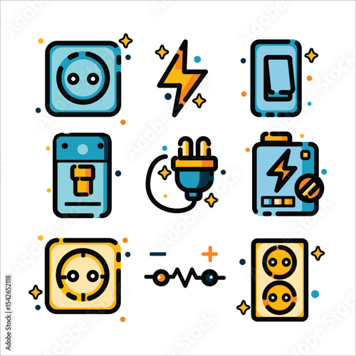 Bright and vibrant set of electrical icons, perfect for digital designs, apps, websites, or infographics needing a modern touch.