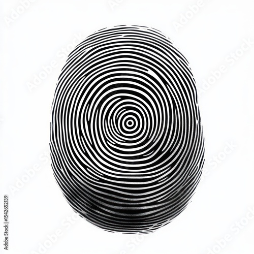 Close-up of a detailed black and white fingerprint with distinct ridges and whorls on a white background