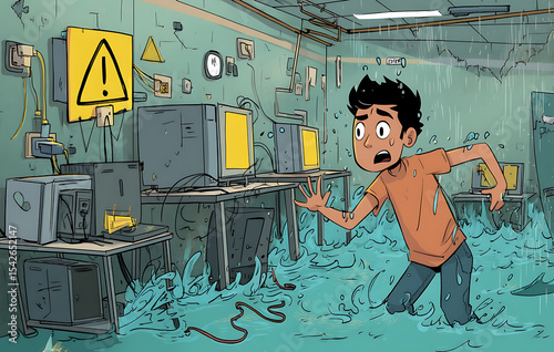 Scared Boy Running Through a Flooded Room Filled with Damaged Computers