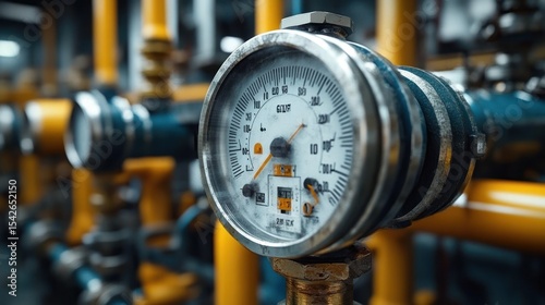 Close-up of a pressure gauge attached to industrial pipes with yellow valves in a factory setting