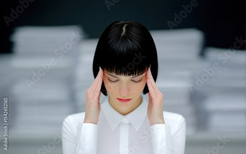 Woman with headache amidst paperwork