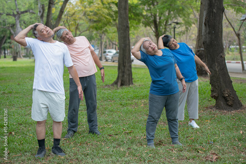 A group of elderly people are doing exercise by raising their arms to stretch their muscles in a park. They are happy in their retirement.