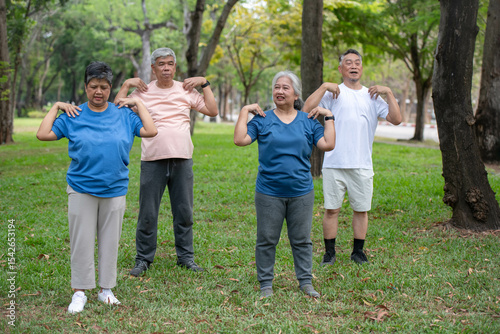 A group of elderly people are doing exercise by raising their arms to stretch their muscles in a park. They are happy in their retirement.